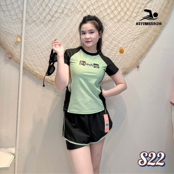 Bộ Đồ Bơi Thể Thao Nữ SwimBros S22 – Tay Ngắn, Quần Đùi 2 Lớp Tôn Dáng