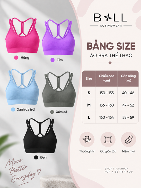 Bảng Size Áo Bra Thể Thao Nữ Nâng Đỡ Cao Lưng Đẹp Chống Sốc Cho Gym Pilates