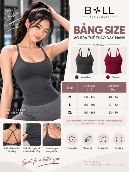 Bảng Size Áo Bra Tập Gym Nữ Dây Mảnh Lưng Chéo Có Mút Ngực