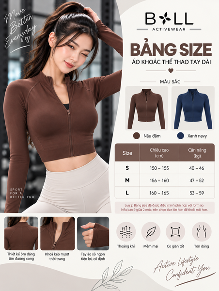 Bảng Size Áo Khoác Tập Gym Nữ Khóa Kéo Dài Tay Cổ Đứng Có Lỗ Xỏ Ngón