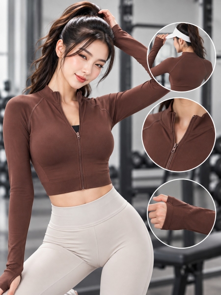 Áo Khoác Tập Gym Nữ Khóa Kéo Dài Tay Cổ Đứng Có Lỗ Xỏ Ngón