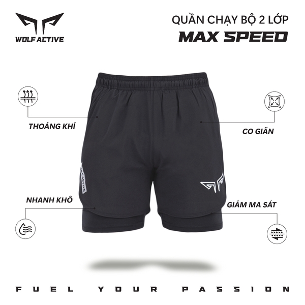 Quần 2 Lớp Thể Thao Chạy Bộ Nam Wolf Active Max Speed W195, Nhanh Khô, Nhẹ, Nhiều Túi