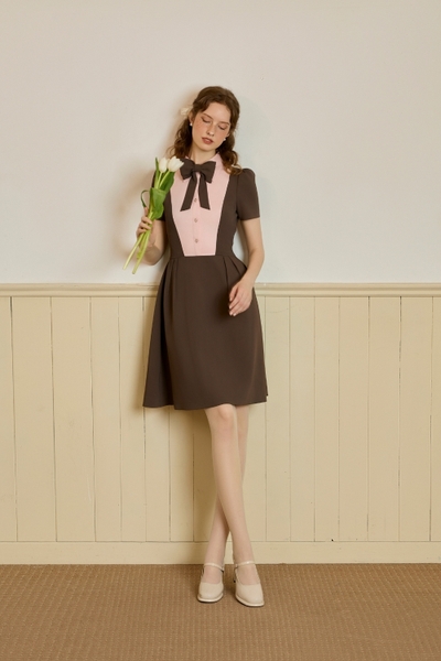 ISLA D27625- ĐẦM NÂU HỒNG NƠ CỔ