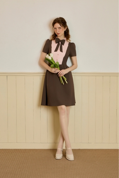 ISLA D27625- ĐẦM NÂU HỒNG NƠ CỔ