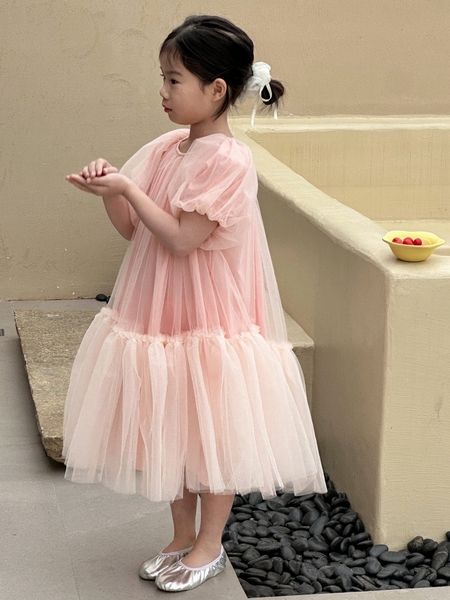 Váy Dài Hồng Voan Tay Bí YY
