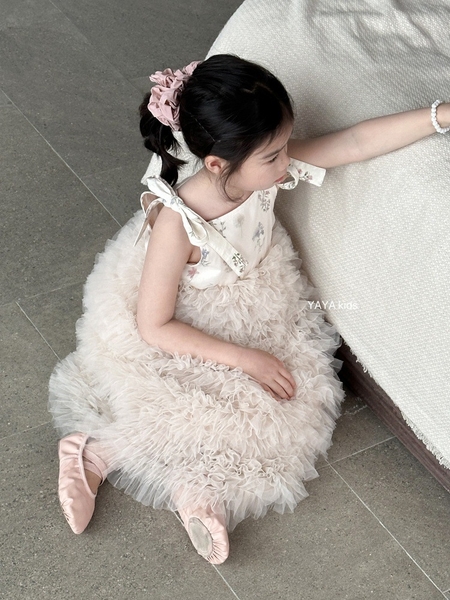 Váy Dài Hồng Hoa Phối Voan Cột Dây YY