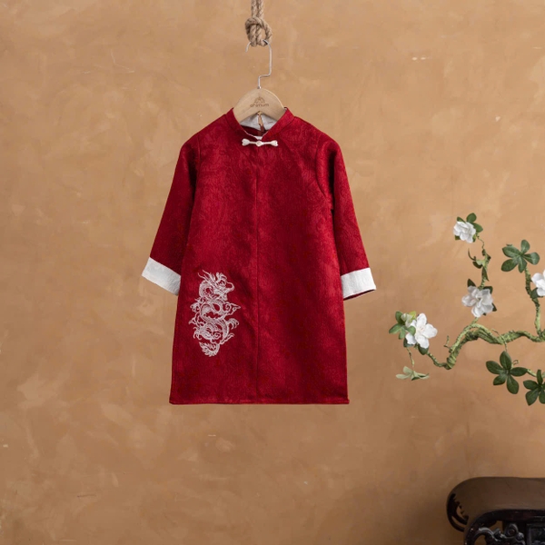 Set Áo Dài Đỏ Họa Tiết Rồng Quần Kem
