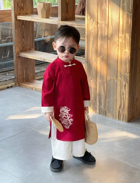 Set Áo Dài Đỏ Họa Tiết Rồng Quần Kem