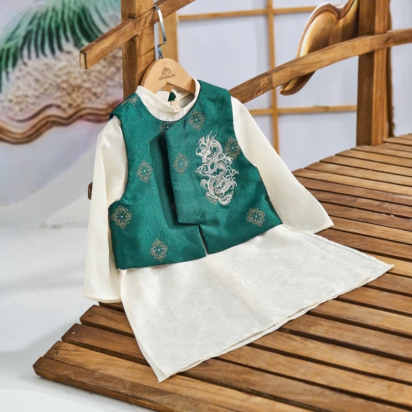 Set Áo Dài Kem Choàng Xanh Hình Rồng