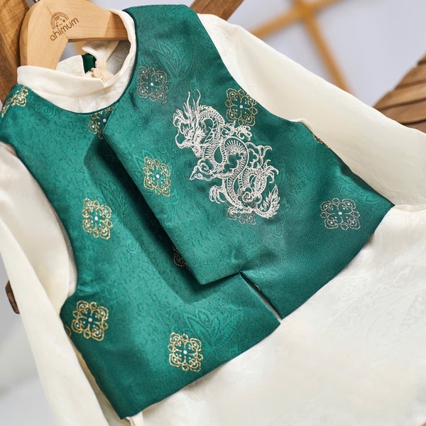 Set Áo Dài Kem Choàng Xanh Hình Rồng