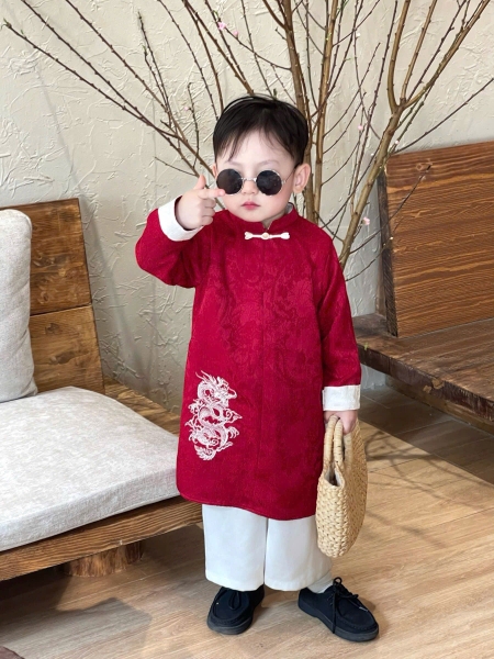 Set Áo Dài Đỏ Họa Tiết Rồng Quần Kem