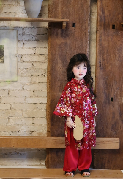 Set Áo Dài Đỏ Kim Sa Quần Đỏ