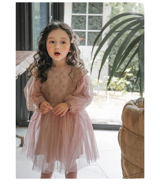 VD Nâu Cổ Ren Phối Voan Berry