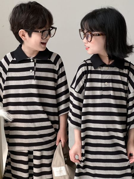 SET NGẮN POLO KẺ ĐEN XÁM KM