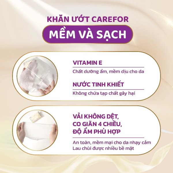 Khăn ướt bỏ túi Carefor 20 miếng không mùi, không cồn, dưỡng ẩm - lẻ 1 túi