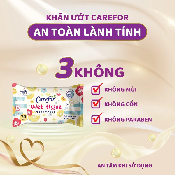 Khăn ướt bỏ túi Carefor 20 miếng không mùi, không cồn, dưỡng ẩm - lẻ 1 túi