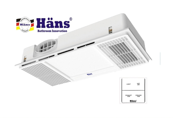Quạt sưởi, đèn sưởi nhà tắm âm trần HANS HA2 4 chức năng : Sưởi ấm, thổi gió mát, thông gió–hút mùi và chiếu sáng