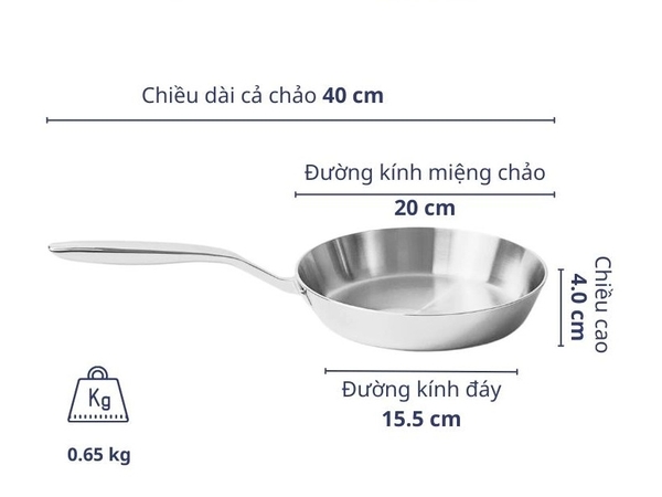 Chảo đúc inox 3 lớp đáy liền Tri-Ply Kaiyo KIP20 size 20cm