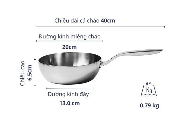 Chảo đúc inox sâu lòng 3 lớp đáy liền Tri-Ply Kaiyo KIW20 size 20cm