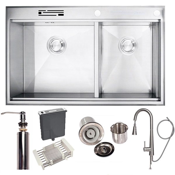 Combo RANOX chậu rửa bát Hàn Quốc dày 6mm và vòi rửa chén rút dây RN441616