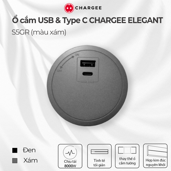Chargee ELEGANT Ổ Cắm USB & Type C màu Xám