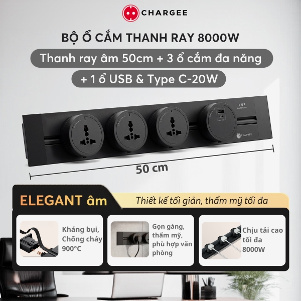 Chargee ELEGANT Combo Thanh ray âm 50cm + 3 ổ đa năng + 1 ổ USBC màu Đen