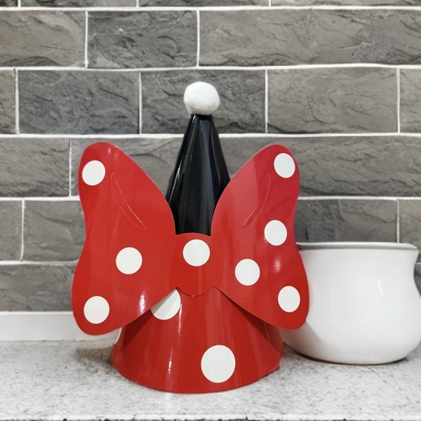 Set 10 mũ 3D cán bóng giấy đẹp kt dk 13cmx cao 20cm - NƠ MICKEY đỏ đen M50.