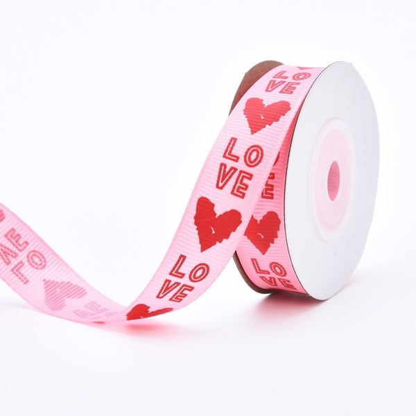 Ruybang gân 1cm x10m - chữ LOVE in trái tim đỏ nến hồng.