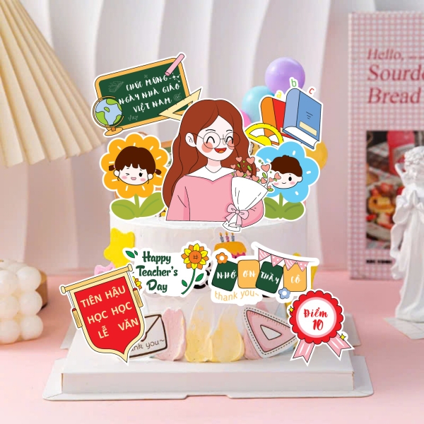 Combo 2 set giấy 20-11: cô giáo và học sinh (mãu 2 - cô giáo đeo kính áo hồng).