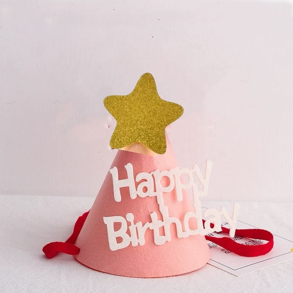 Set 10 mũ sinh nhật vải dạ HPBD HỒNG-gắn ngôi sao vàng hoặc cục bông kt12x14cm.