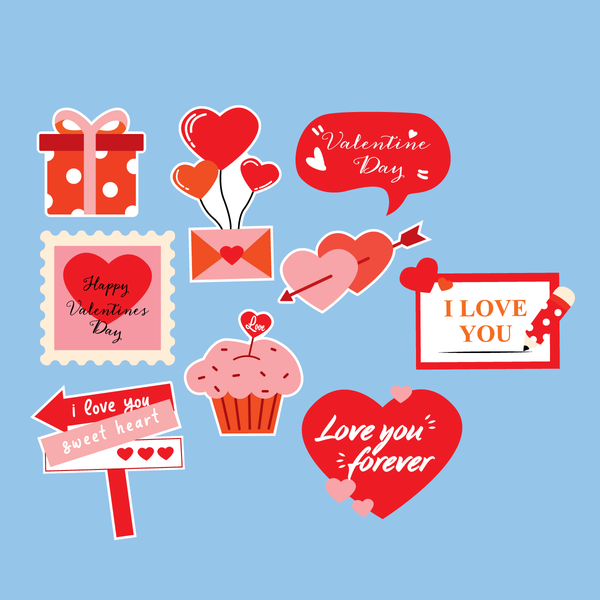 MUA 1 TẶNG 1-Combo 2 set giấy Valentine - trái tim, bánh, hộp quà đỏ.