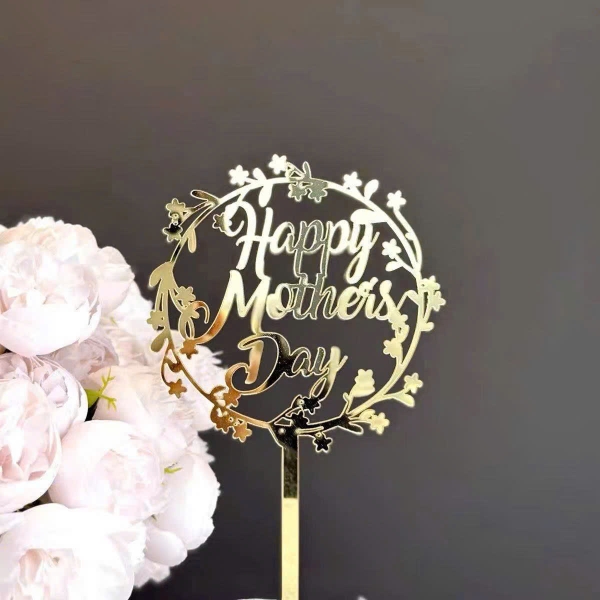 Set 10 mica Mother's day TRÒN  gắn hình lá-MÀU VÀNG.