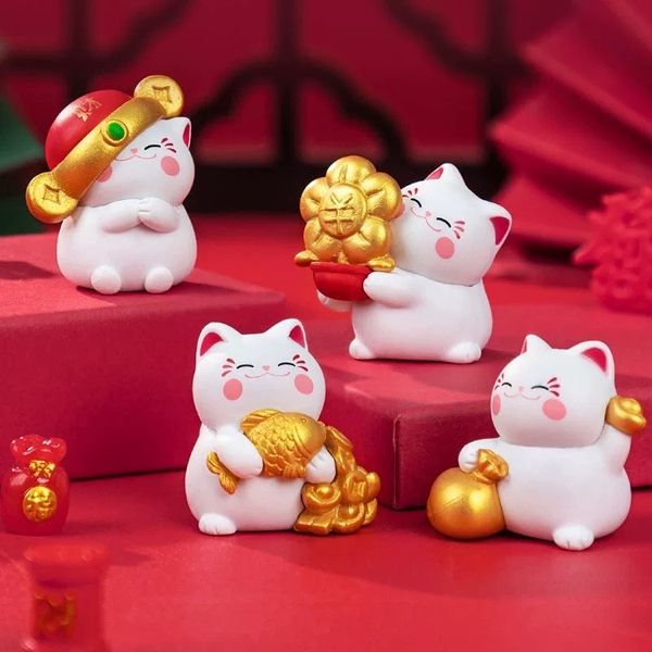 Set 4 mèo thần tài mix mẫu mini (nhựa đặc).