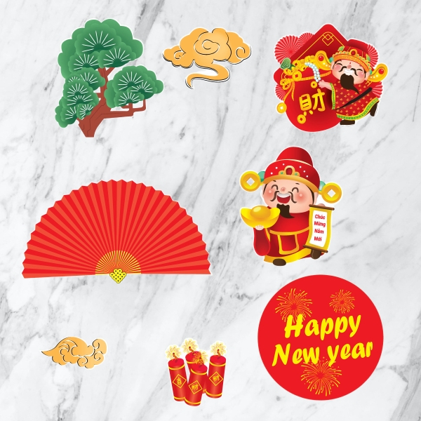 Combo 2 set giấy Tết thần tài-cây-quạt đỏ.