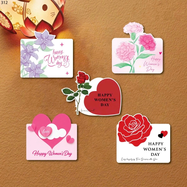 Set 25 thiệp giấy Happy women's day mix 5 mẫu-hình chữ nhật kt 8.5cm x7.5cm.