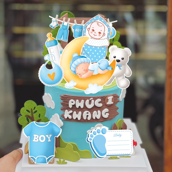 Combo 2 set giấy  - bé TRAI nằm trăng ngủ, dây quần áo, bảng viết chữ (XANH).