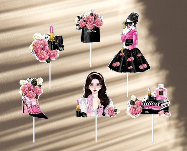 Set giấy cô gái-hoa-giày-túi đen hồng (HD)-CG024.