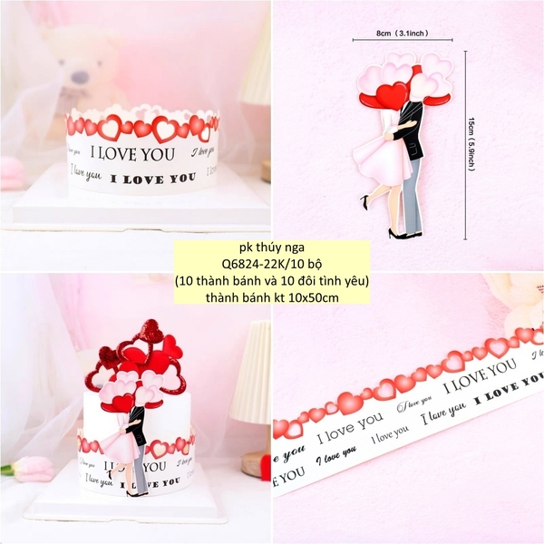 Set 10 thành bánh giấy trái tim (kt 10cm x 50cm) và 10 đôi tình yêu chùm bóng.