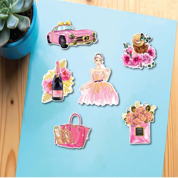 Combo 2 set cắm cô gái-ô tô -túi màu hồng (ép nhũ).
