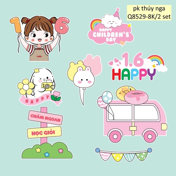 Combo 2 set giấy (1-6)- bé GÁI giơ 2 tay số 1.6 và ô tô hồng (mẫu mới).