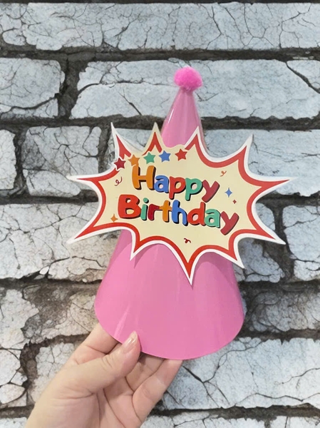 Set 10 mũ 3D cán bóng giấy đẹp kt dk 13cmx cao 20cm -nền HỒNG TRƠN (gắn chữ HPBD) M38.