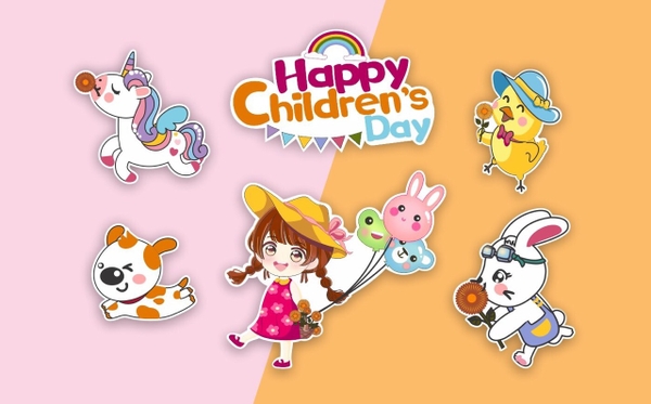 Set giấy 1-6  bé gái cầm bóng bay hình thỏ.