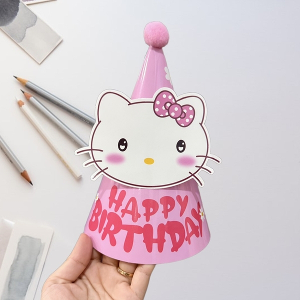 Set 10 mũ 3D cán bóng giấy đẹp kt dk 13cmx cao 20cm - Kitty (khuôn mặt) M62.
