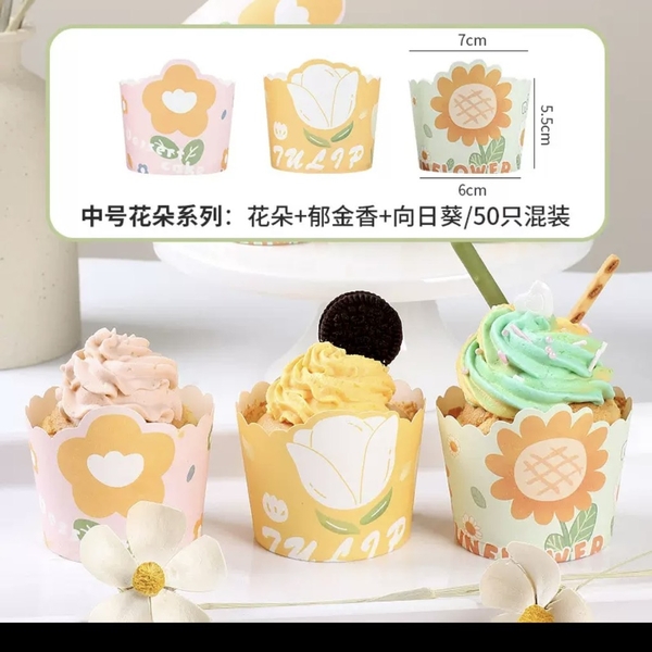 Set 50 cốc cupcake giấy  kt 6x5.5x7cm -hình BÔNG HOA (mix 3 mẫu 1 set).