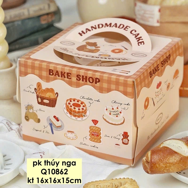 Set 50 hộp giấy cửa sổ- BAKE SHOP hình bánh kem, bánh mỳ 16x16x15cm (KÈM ĐẾ).