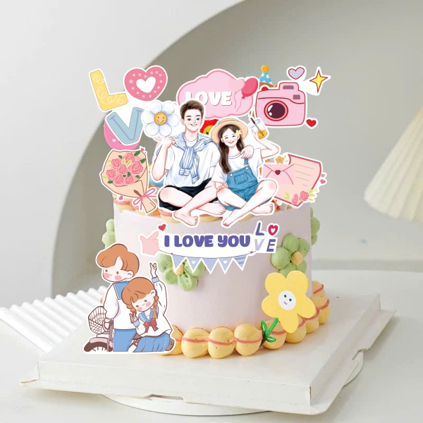 Combo 2 set giấy Valentine - 2 đôi tình yêu và bó hoa, máy ảnh.