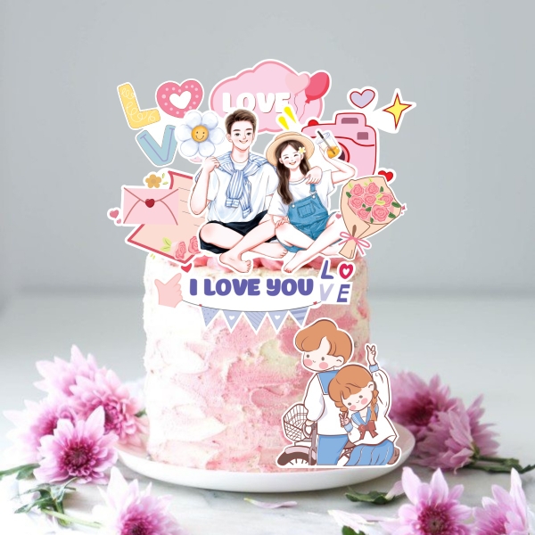 Combo 2 set giấy Valentine - 2 đôi tình yêu và bó hoa, máy ảnh.
