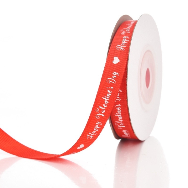 Ruybang gân 1cm x10m - chữ HAPPY VALENTINE DAY trắng nền đỏ.