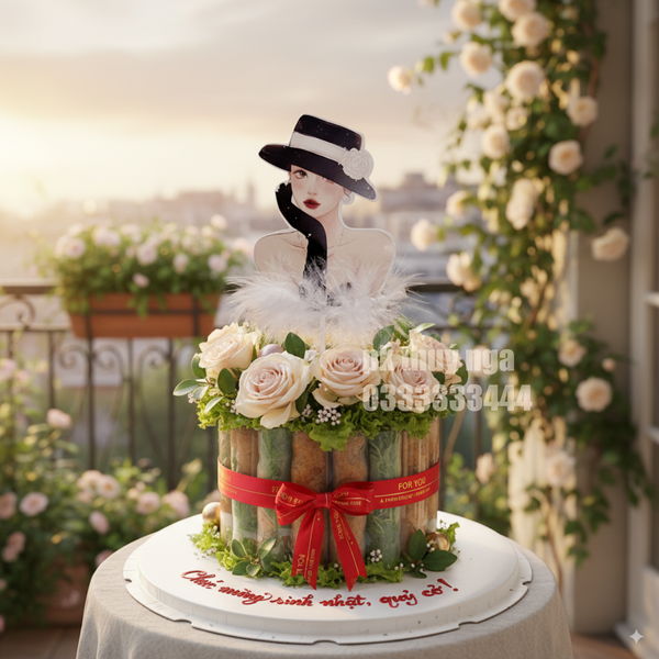 Thẻ cắm cô gái giấy mũ trắng đen -gắn lông trắng.