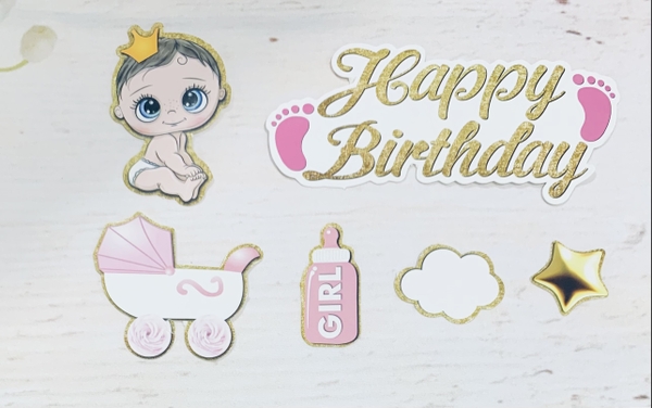 Combo 2 Set giấy em bé xe nôi + chữ HPBD bàn chân-HỒNG.